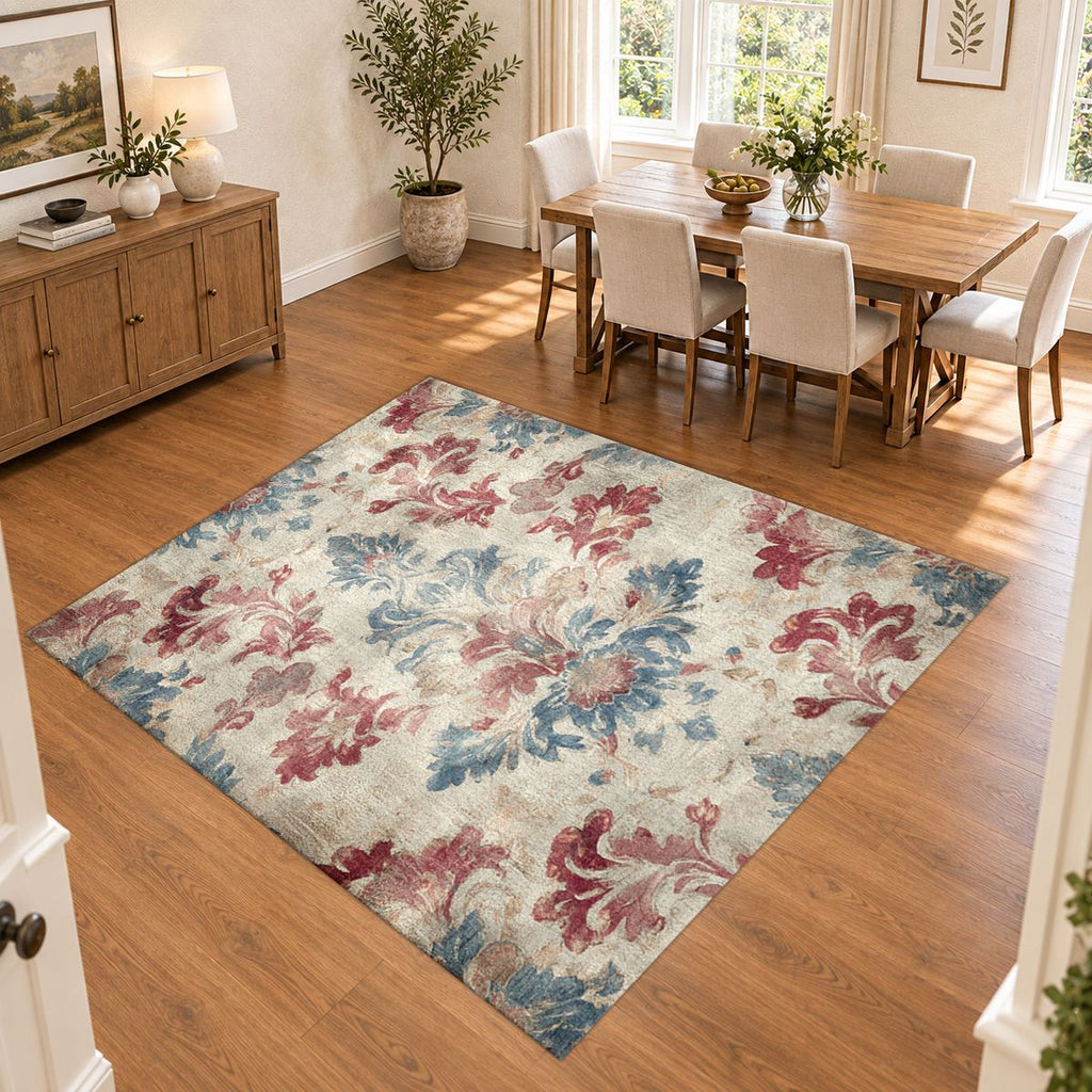Faded Red and Blue Damask printed area rug