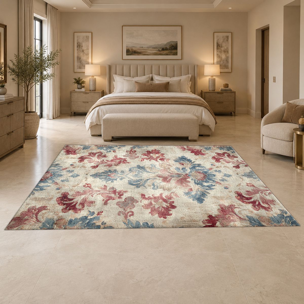 Faded Red and Blue Damask printed area rug