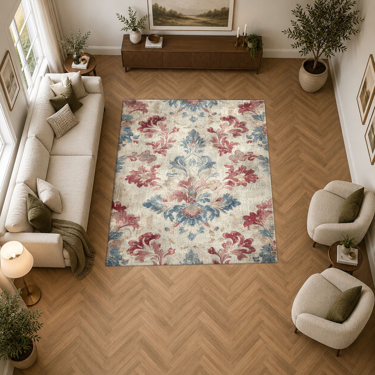 Faded Red and Blue Damask printed area rug