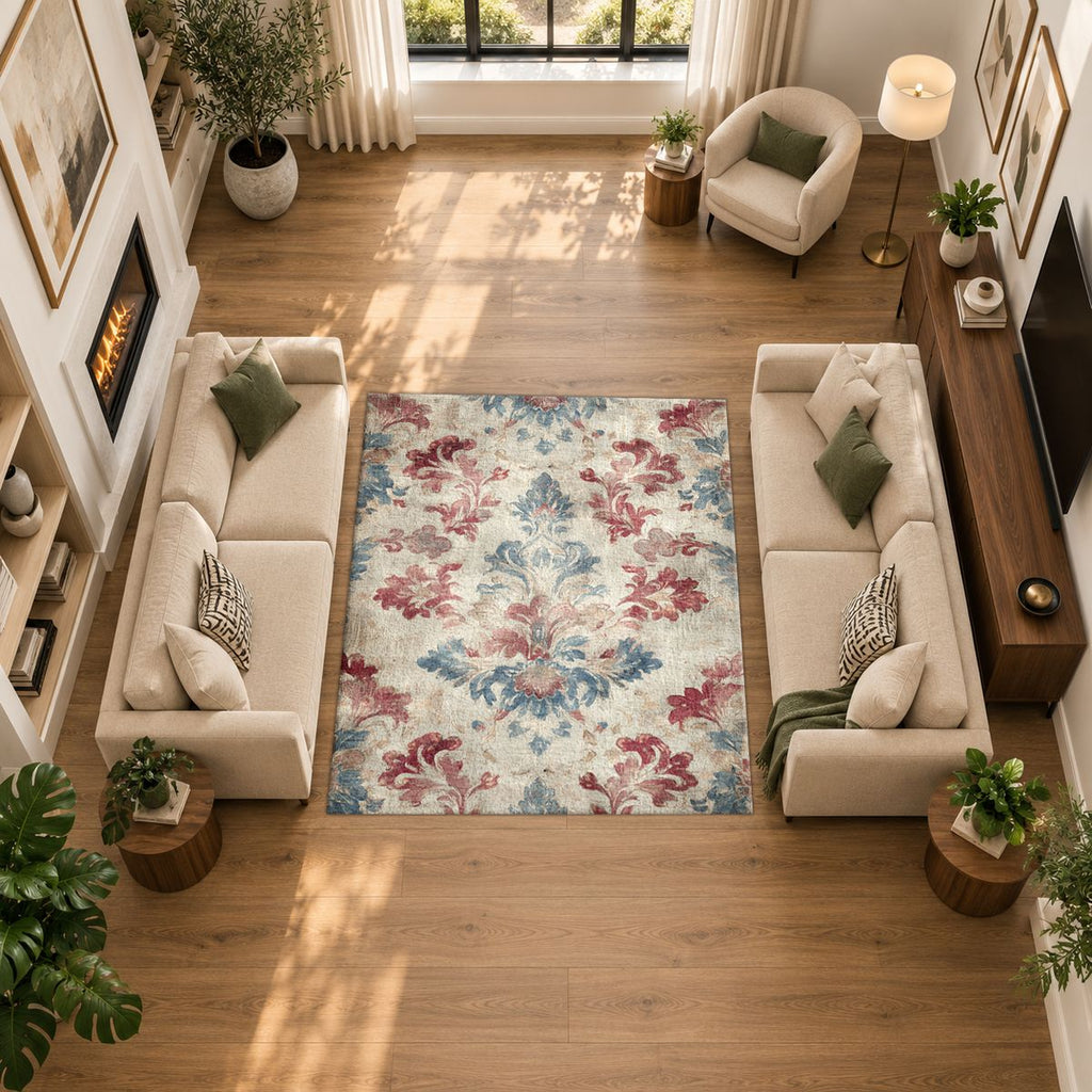 Faded Red and Blue Damask printed area rug
