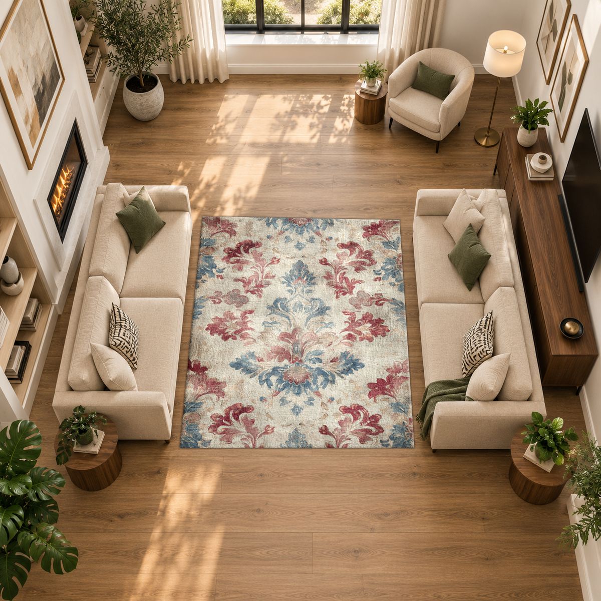 Faded Red and Blue Damask printed area rug
