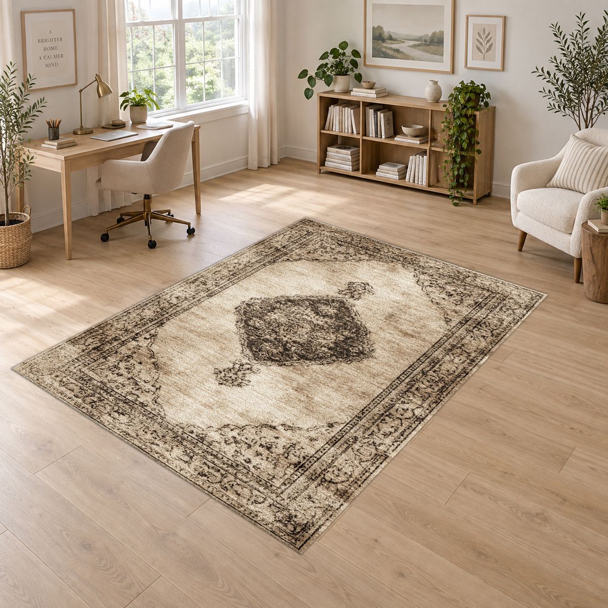 Beige and Brown Faded Vintage Medallion printed area rug