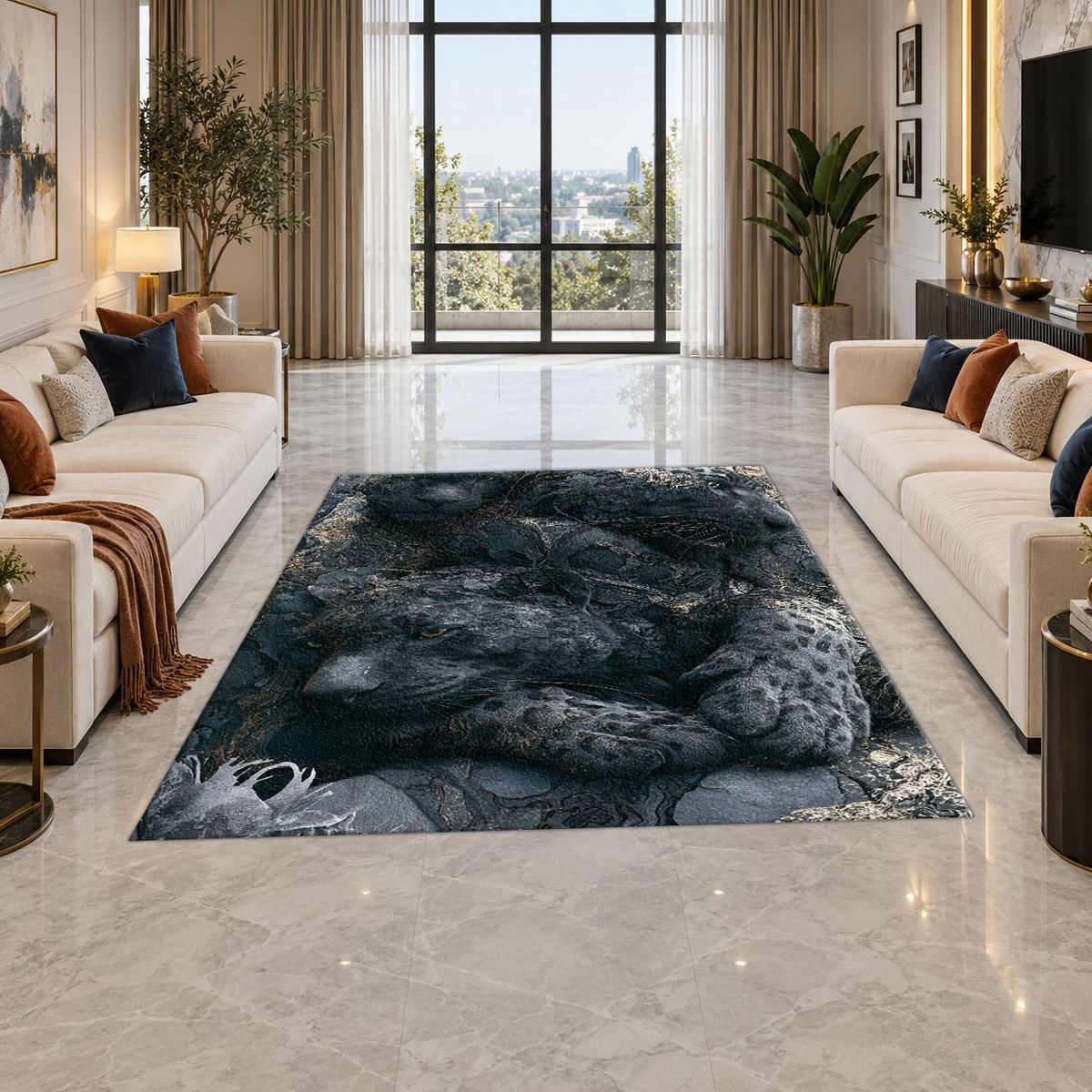 Black Leopard Shadow Abstract printed area rug