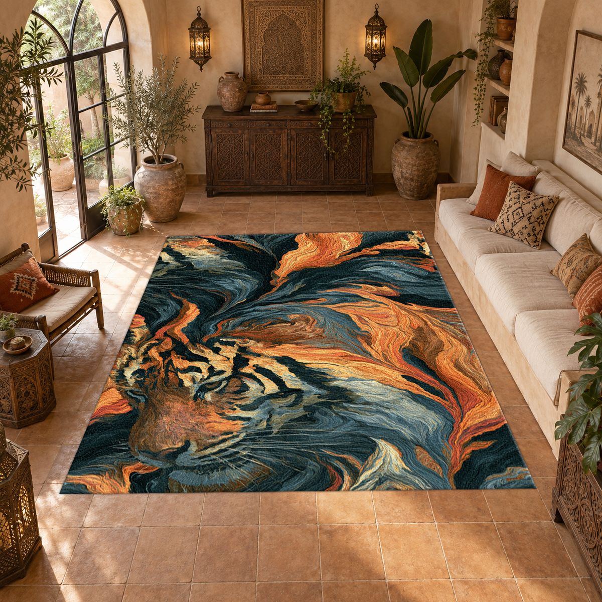 Tiger in Orange Flame Swirls printed area rug