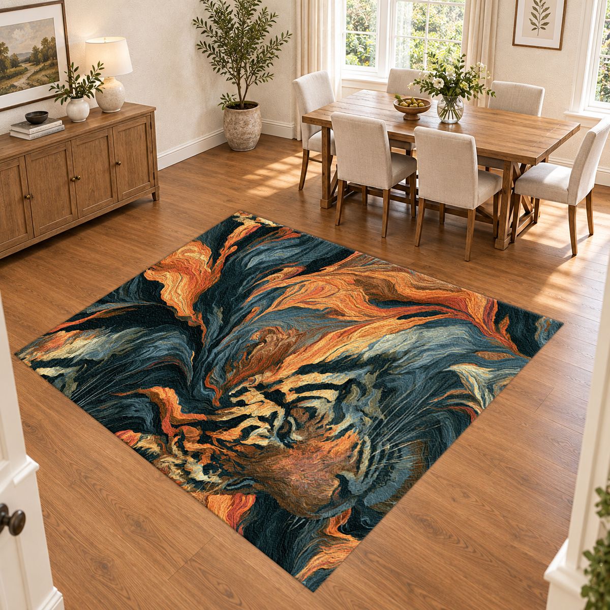 Tiger in Orange Flame Swirls printed area rug