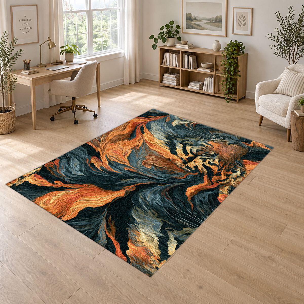 Tiger in Orange Flame Swirls printed area rug