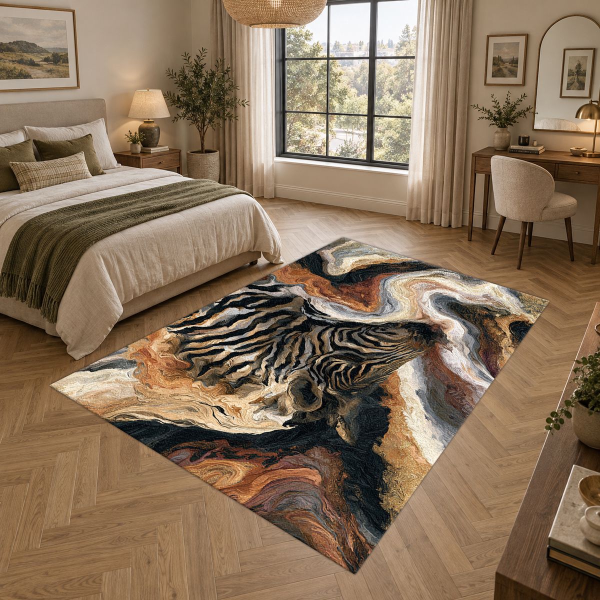 Zebra in Cream Marble Swirls printed area rug