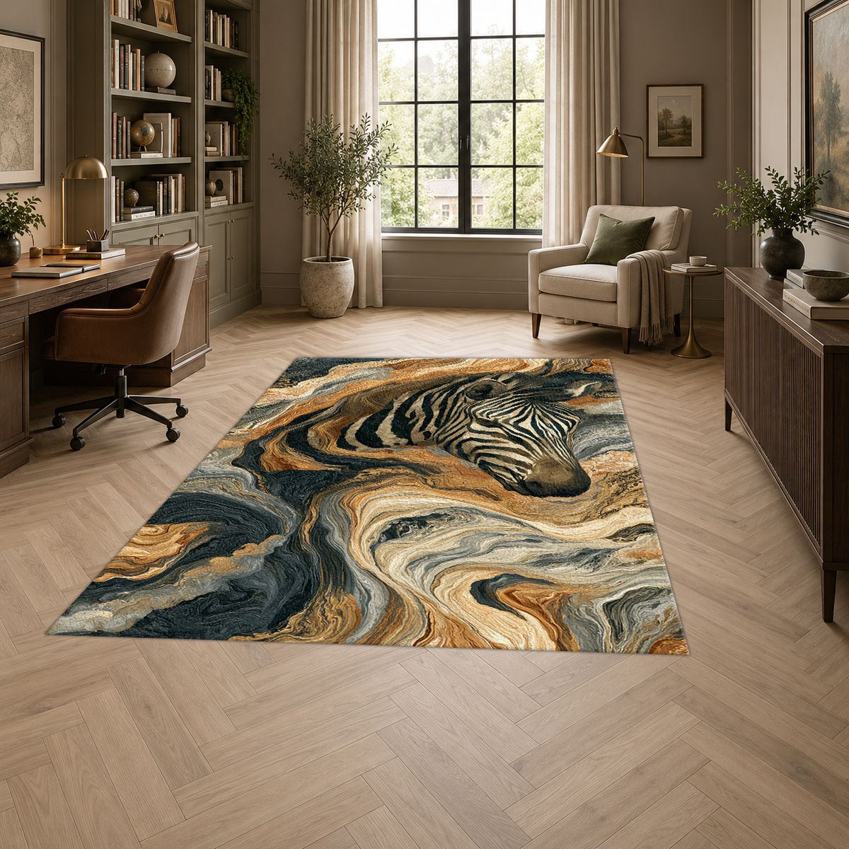 Zebra in Golden Marble Waves printed area rug