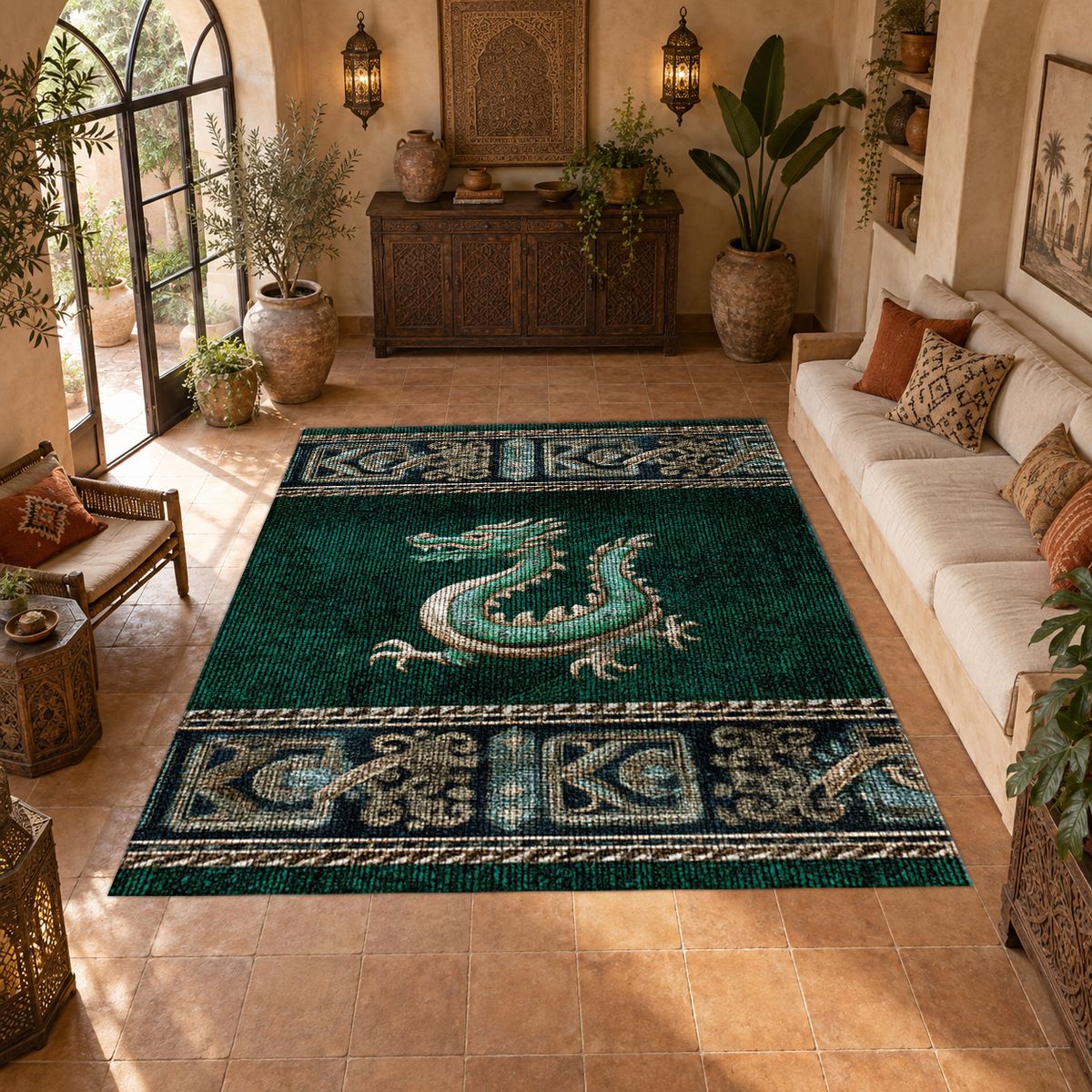 Emerald Dragon Asian Border printed area rug