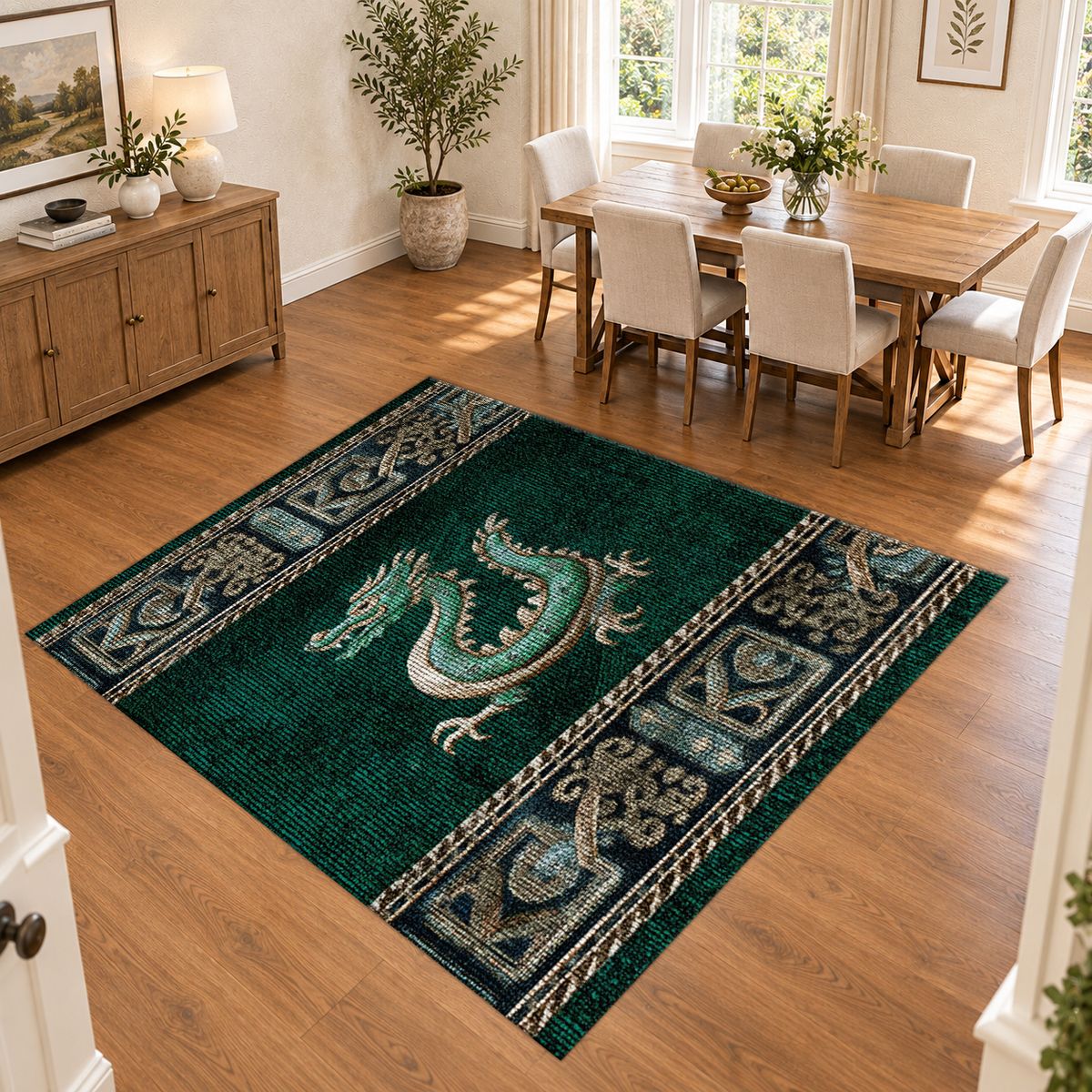 Emerald Dragon Asian Border printed area rug