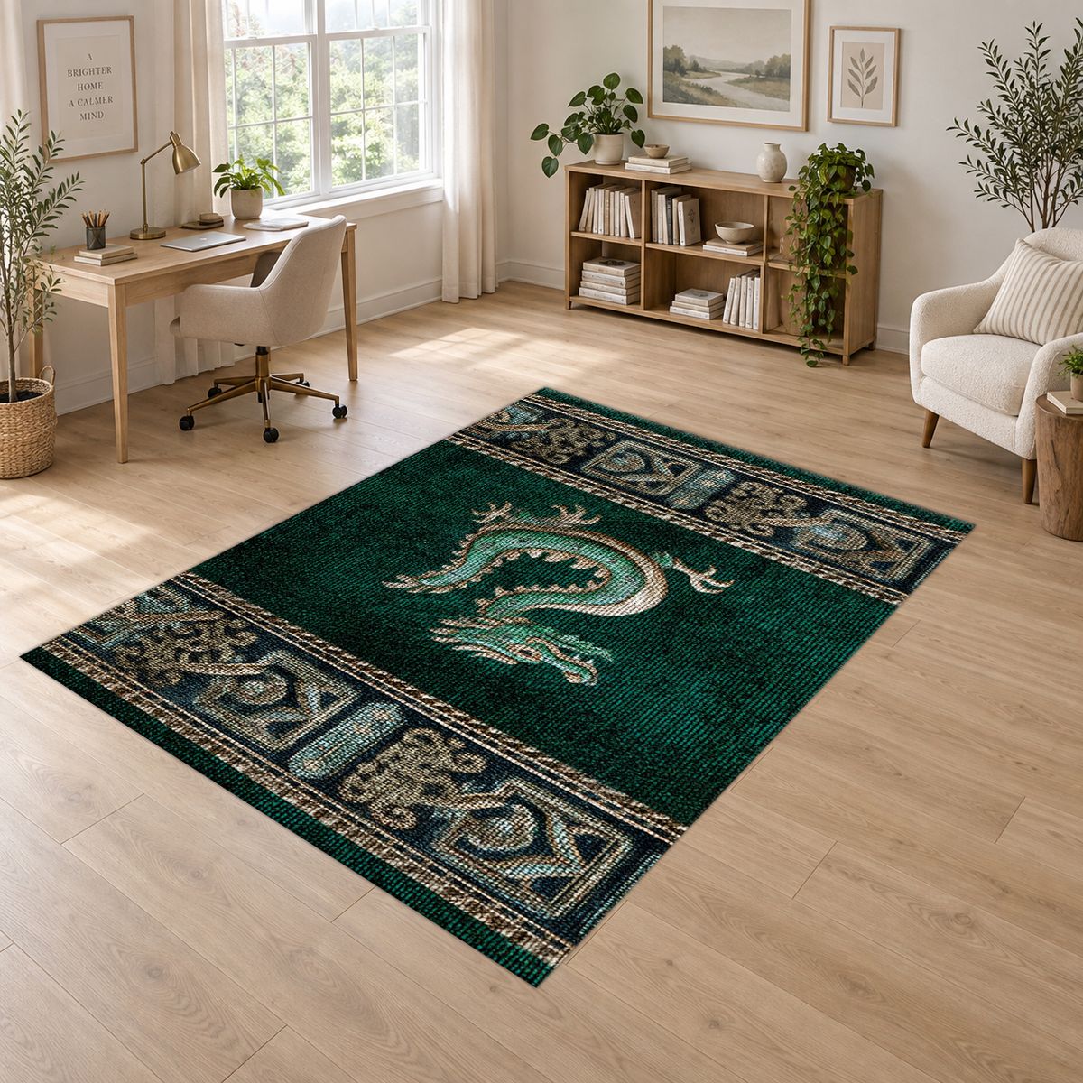 Emerald Dragon Asian Border printed area rug