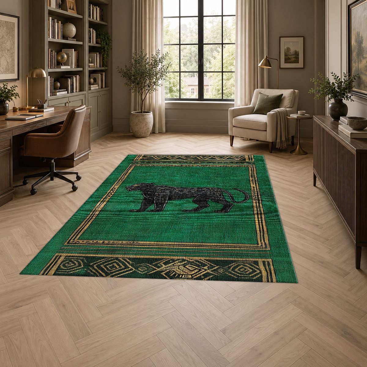 Emerald Black Panther Art Deco printed area rug