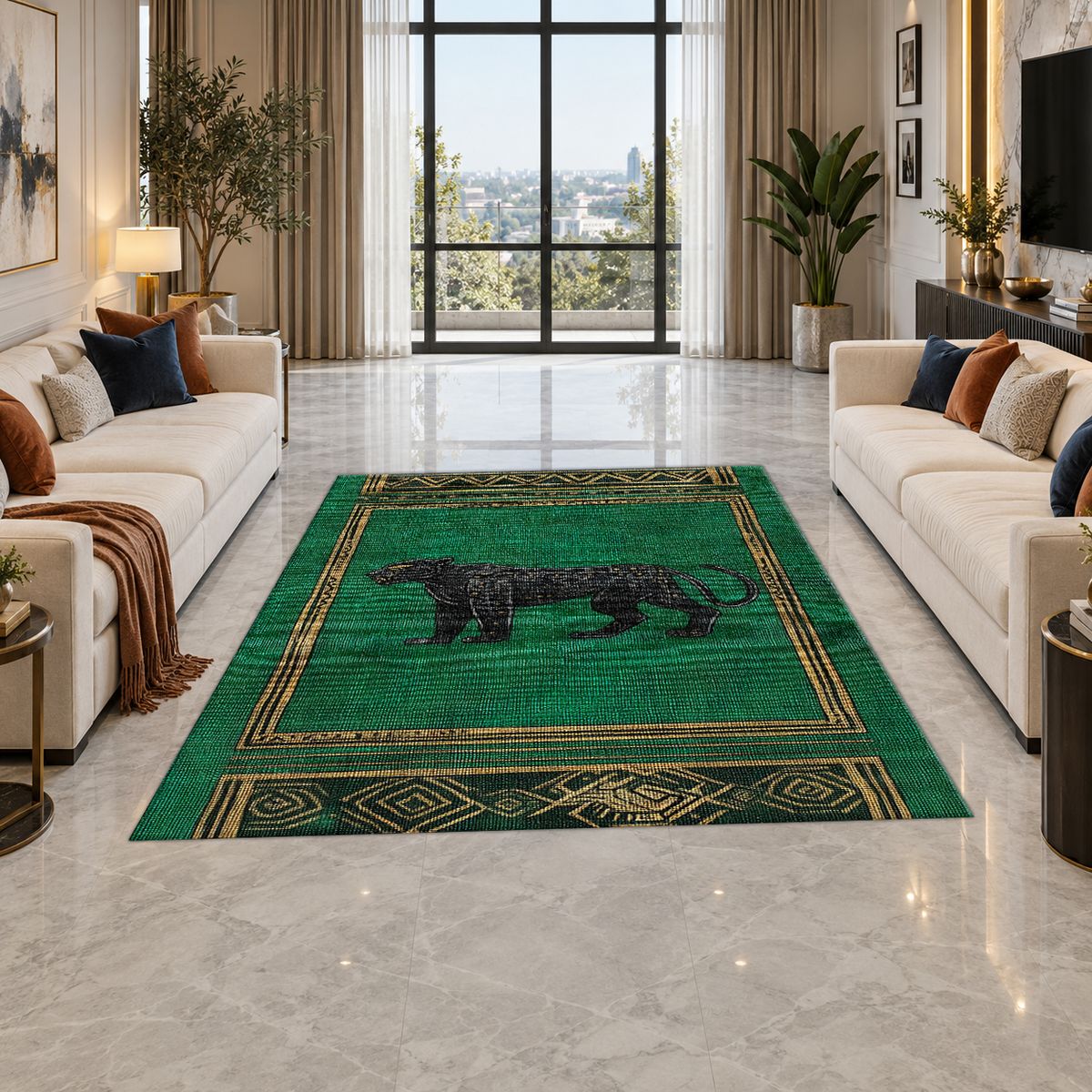 Emerald Black Panther Art Deco printed area rug