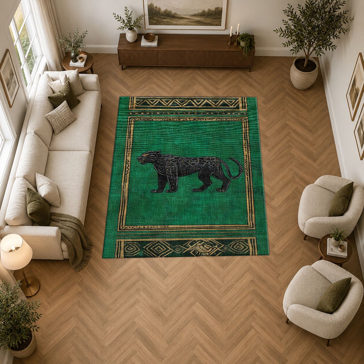 Emerald Black Panther Art Deco printed area rug