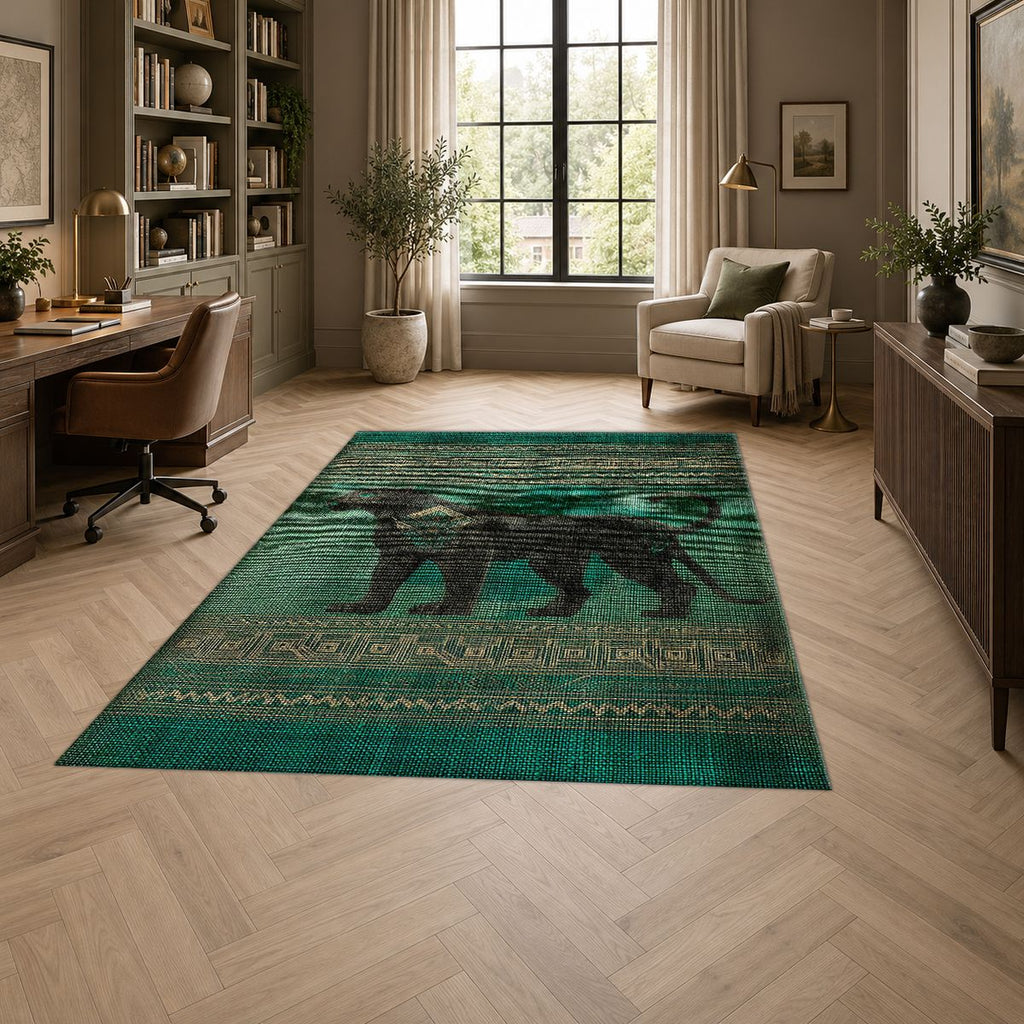 Green Panther Tribal Border printed area rug