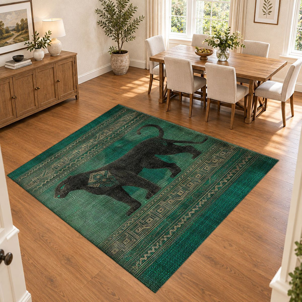 Green Panther Tribal Border printed area rug