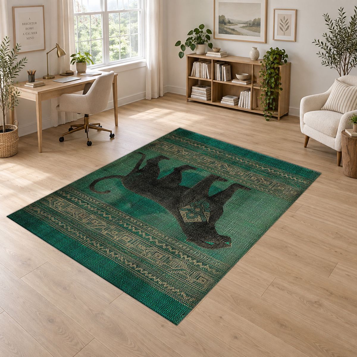 Green Panther Tribal Border printed area rug