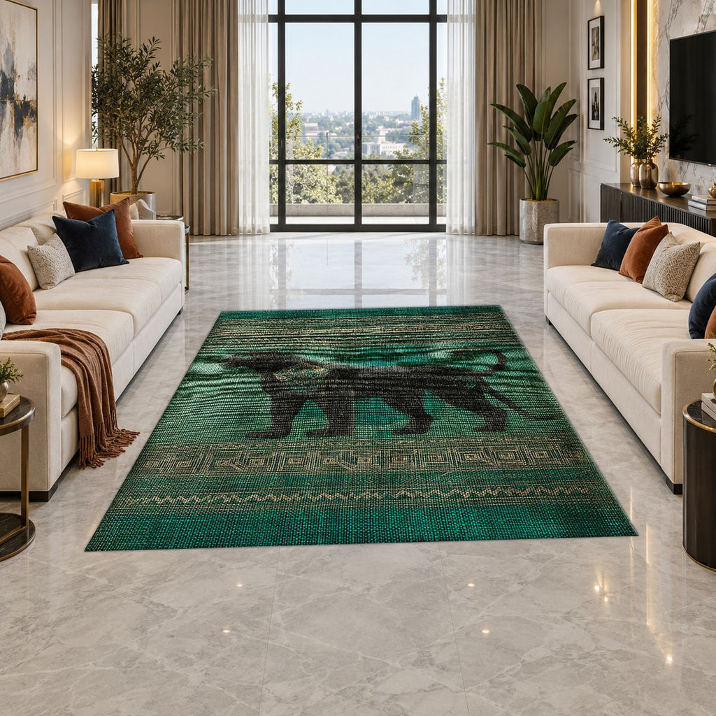 Green Panther Tribal Border printed area rug