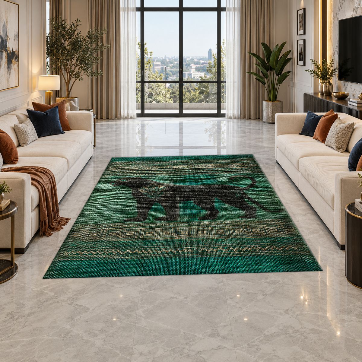 Green Panther Tribal Border printed area rug