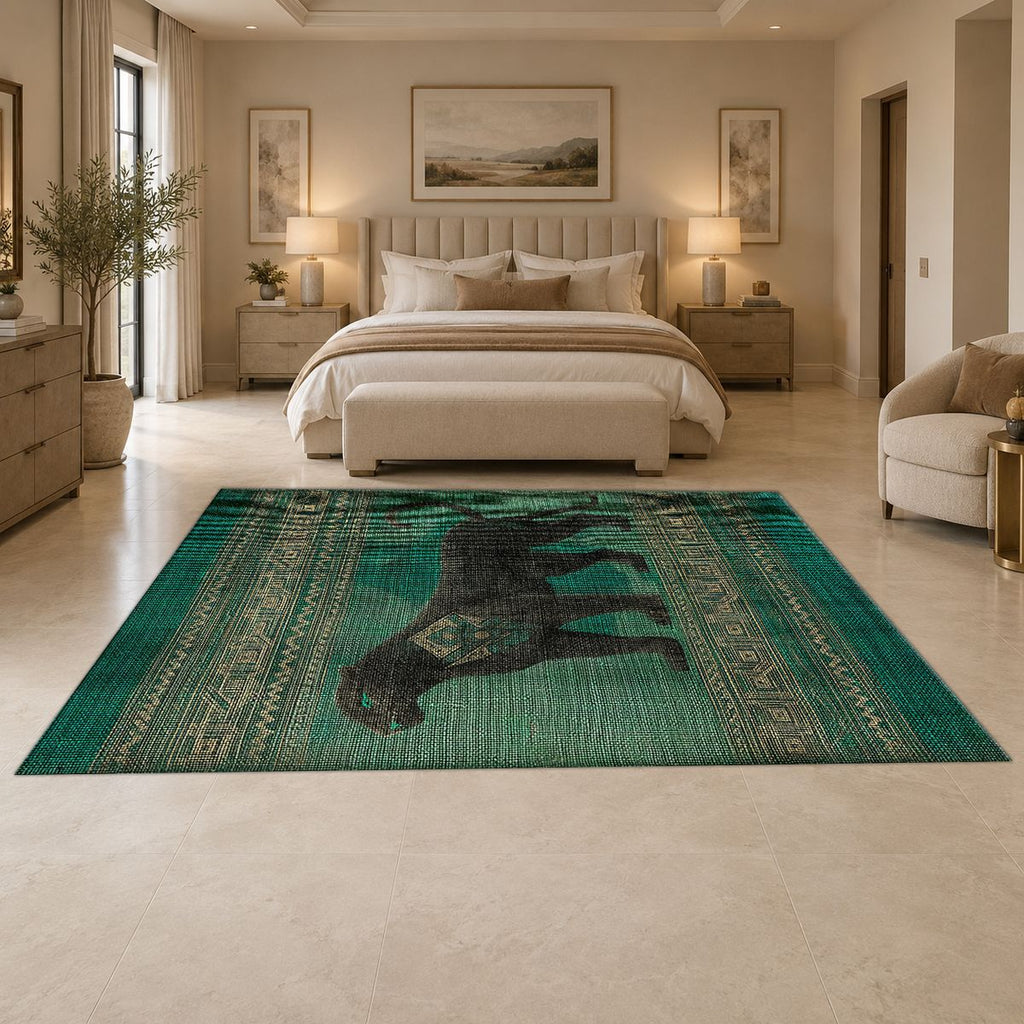 Green Panther Tribal Border printed area rug