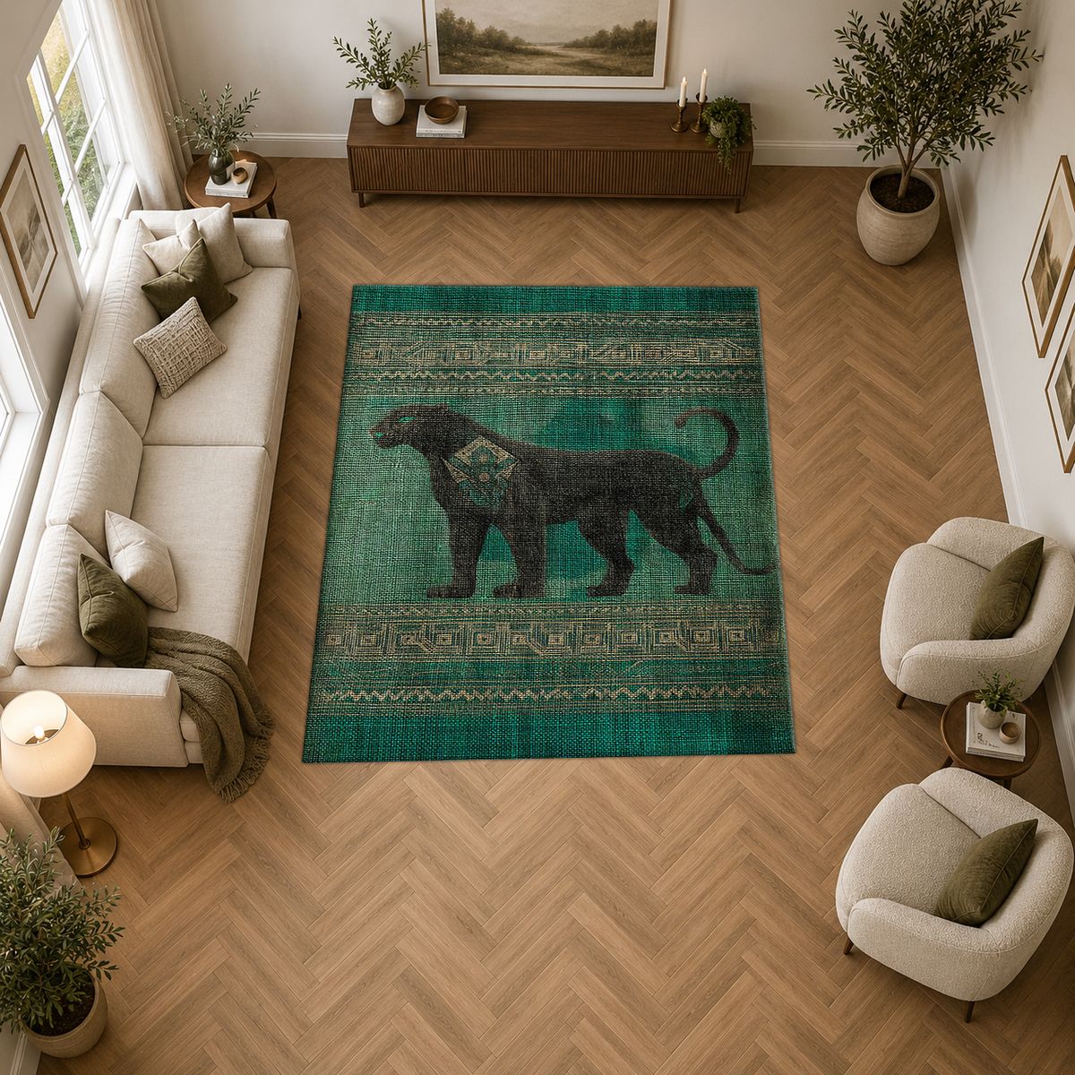 Green Panther Tribal Border printed area rug