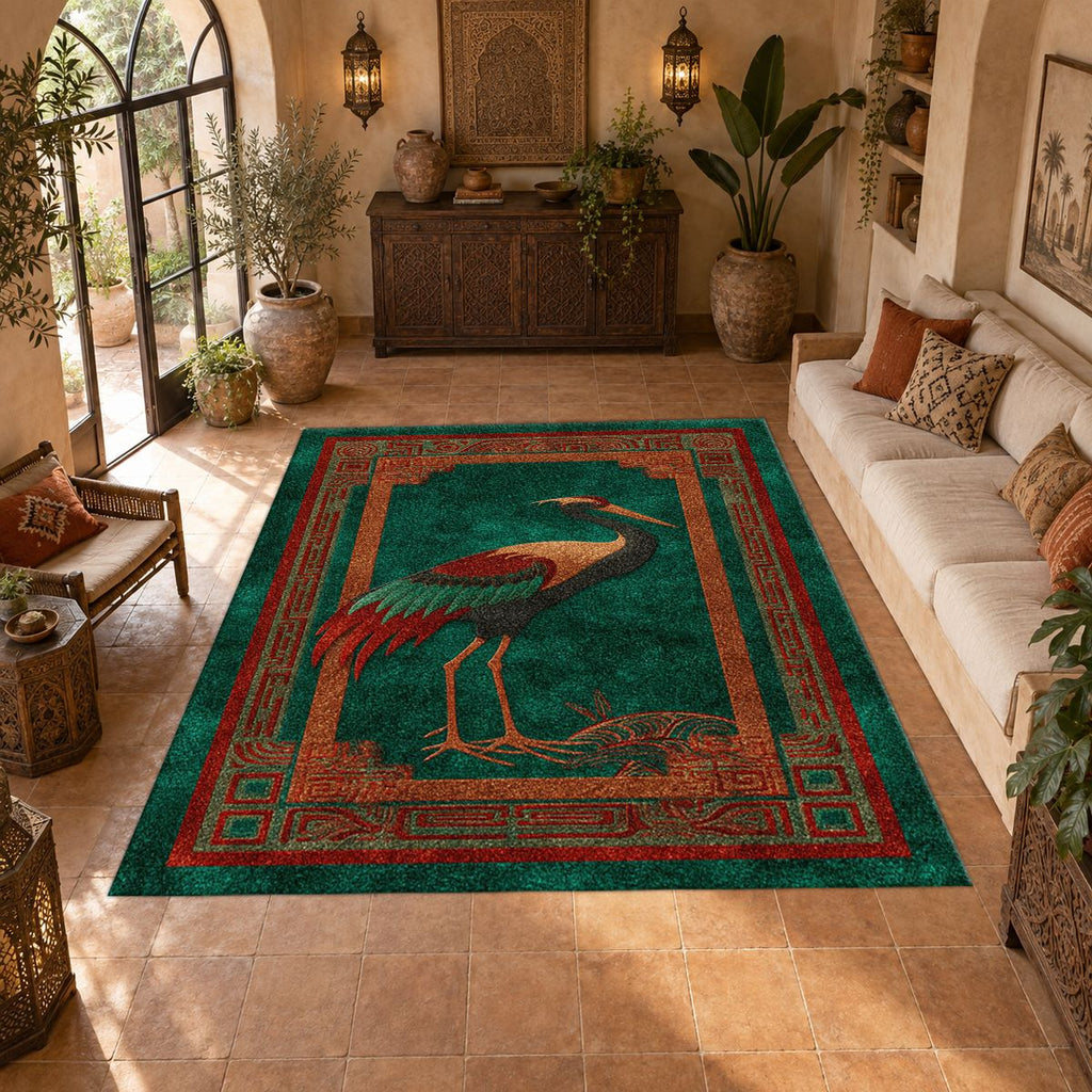 Terracotta Crane Bird Folk Art printed area rug