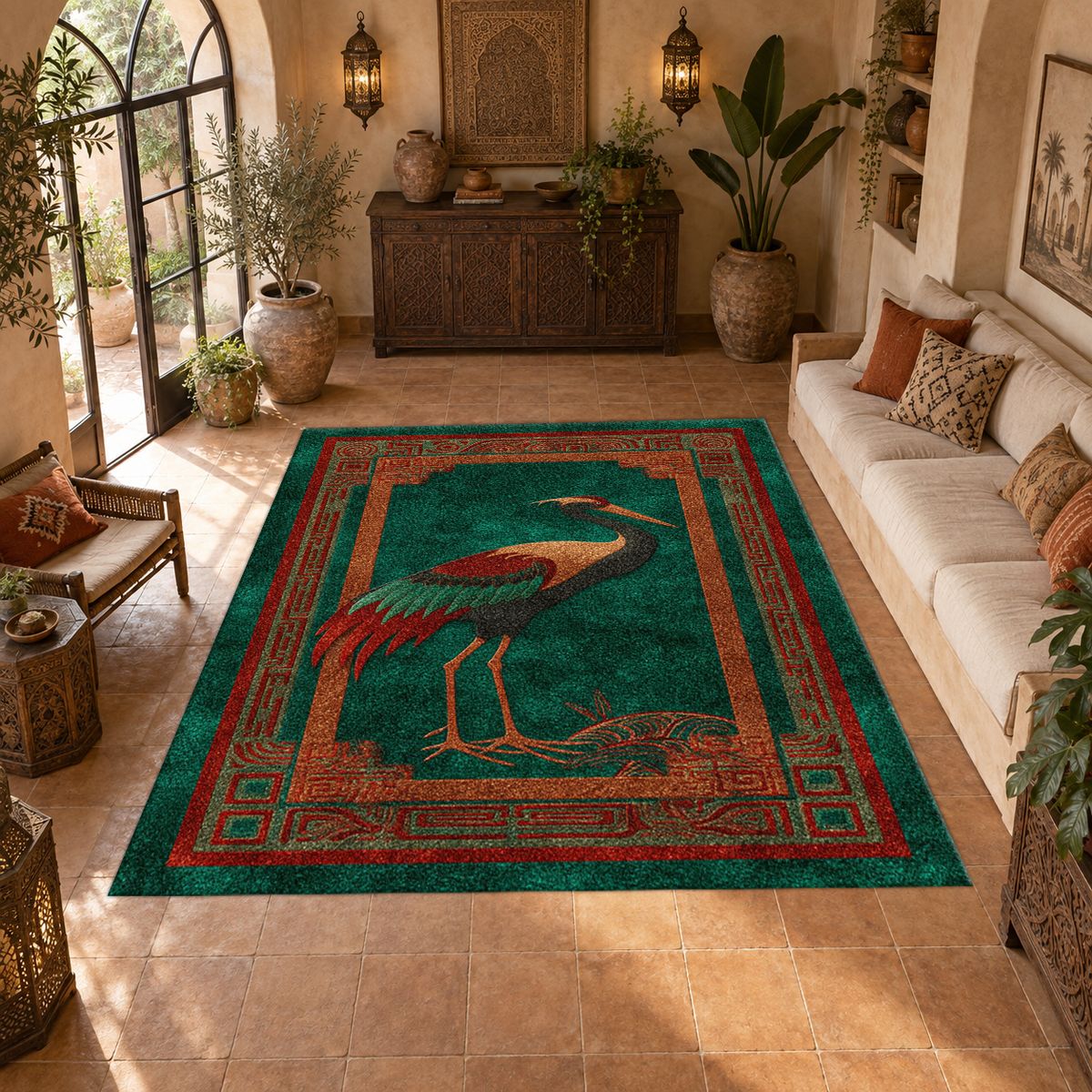 Terracotta Crane Bird Folk Art printed area rug