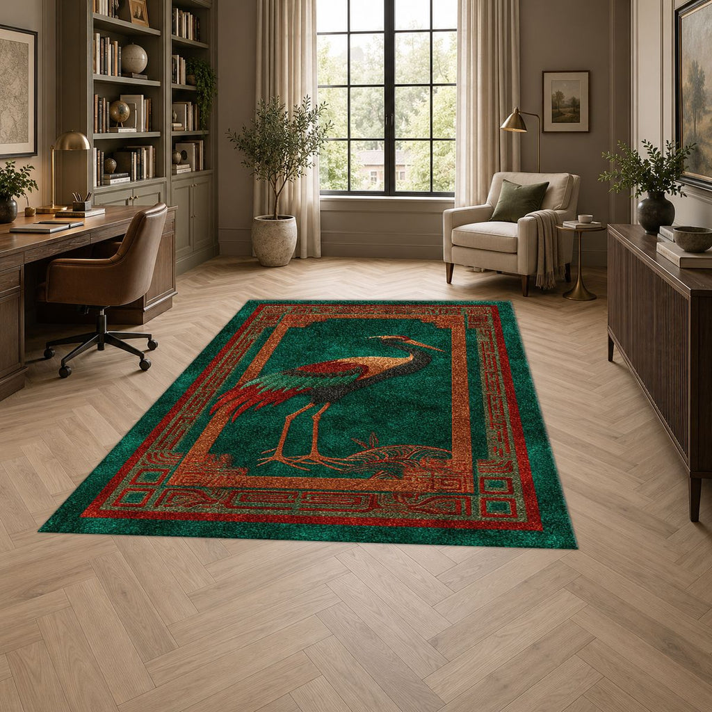 Terracotta Crane Bird Folk Art printed area rug