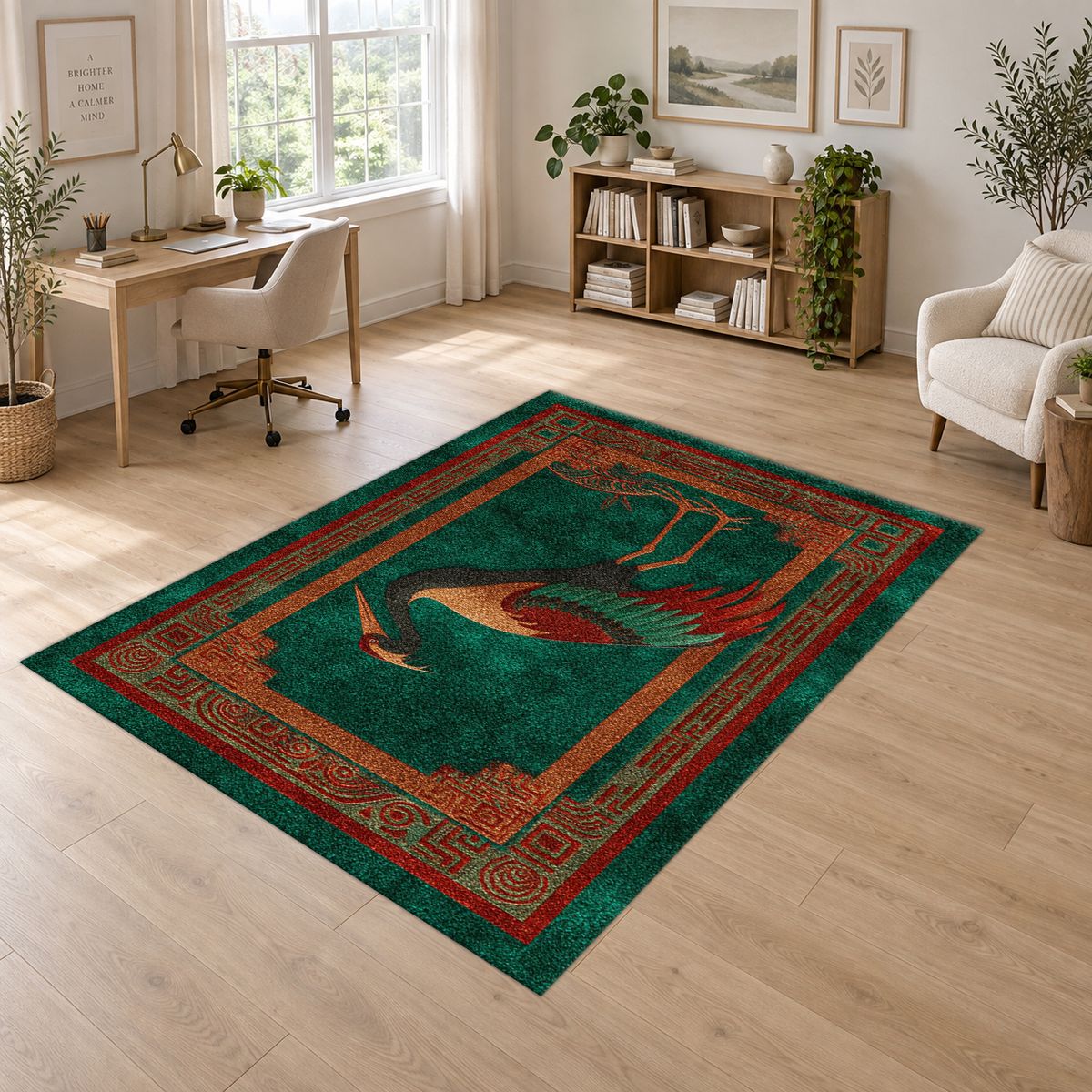 Terracotta Crane Bird Folk Art printed area rug