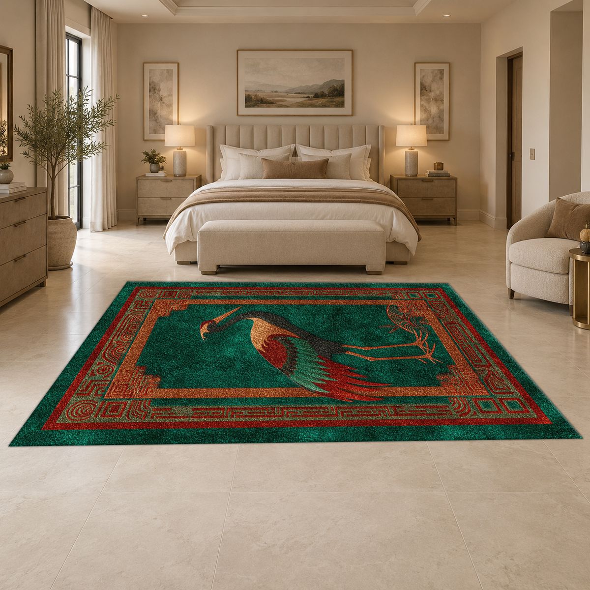 Terracotta Crane Bird Folk Art printed area rug
