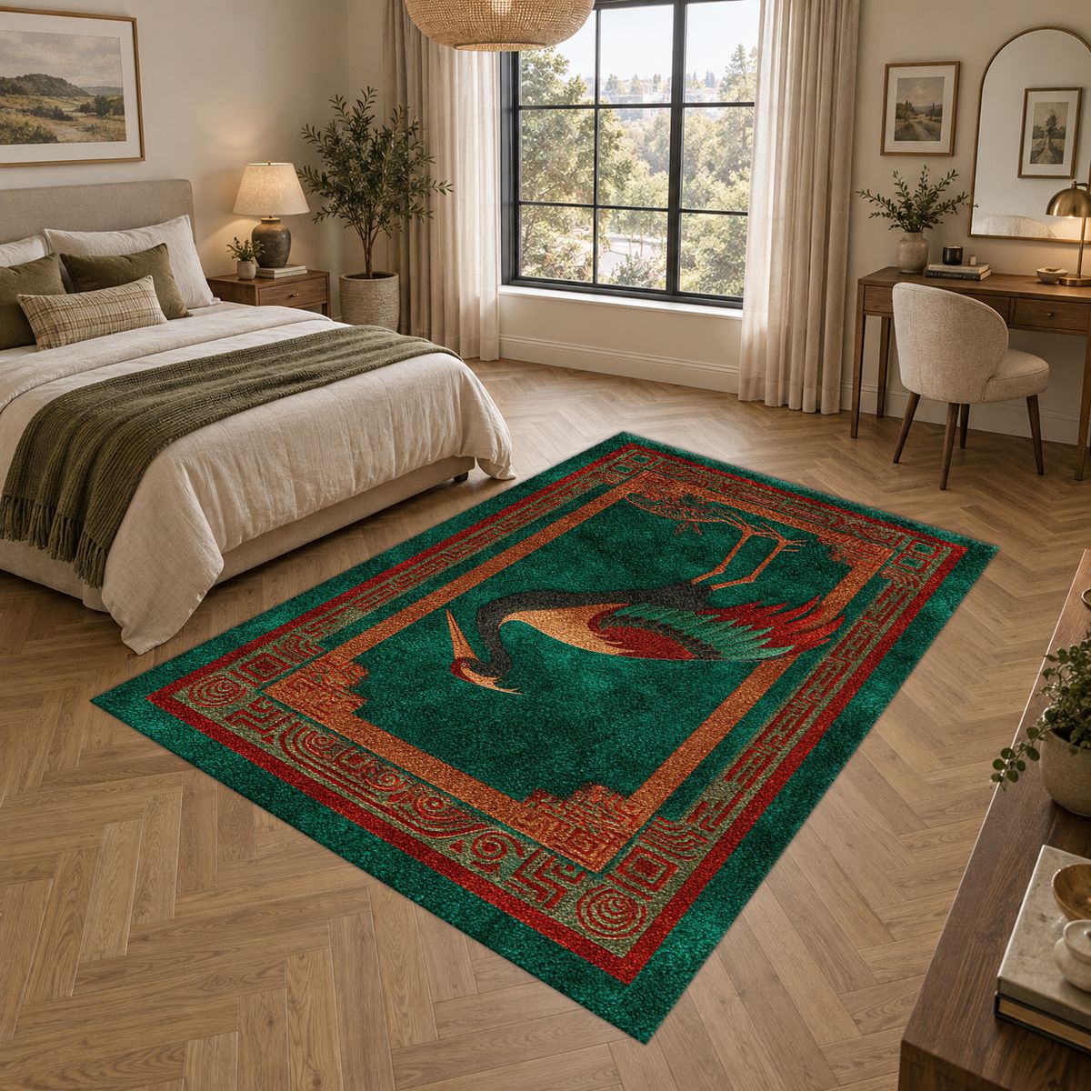 Terracotta Crane Bird Folk Art printed area rug