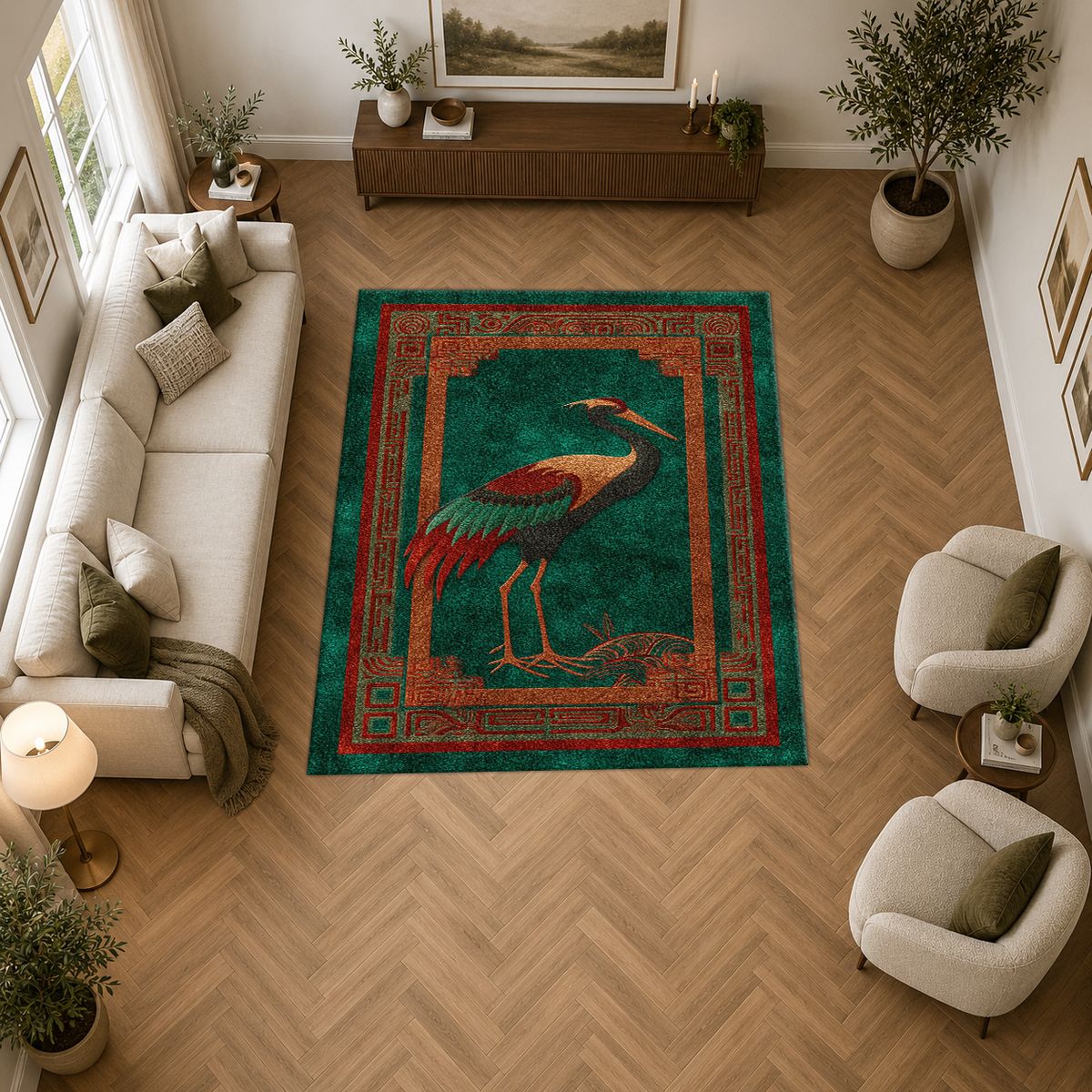 Terracotta Crane Bird Folk Art printed area rug