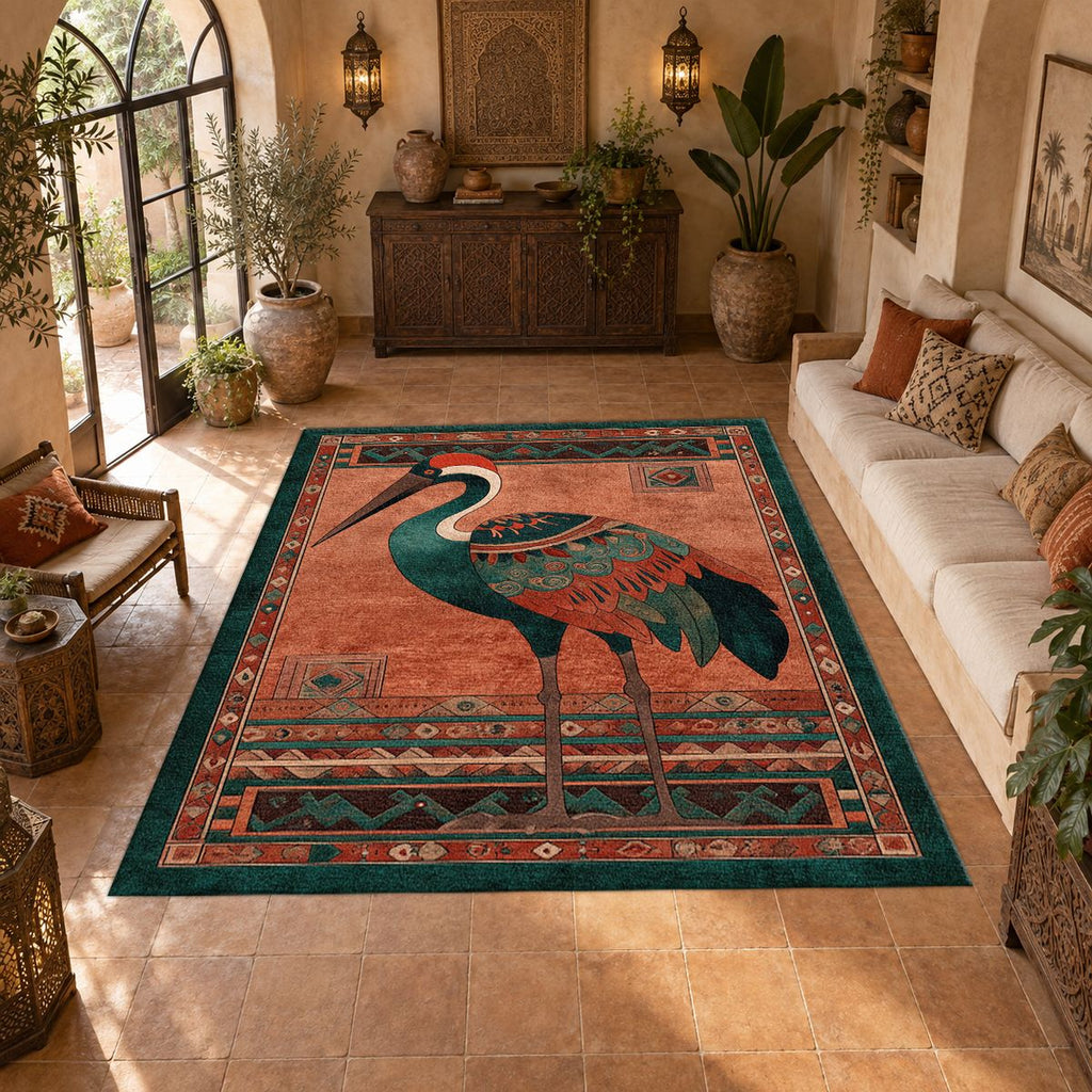 Rust Heron Bird Folk Art printed area rug