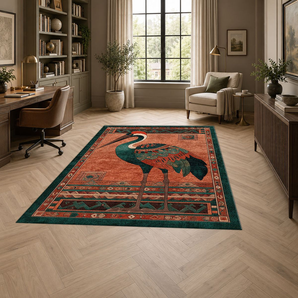 Rust Heron Bird Folk Art printed area rug
