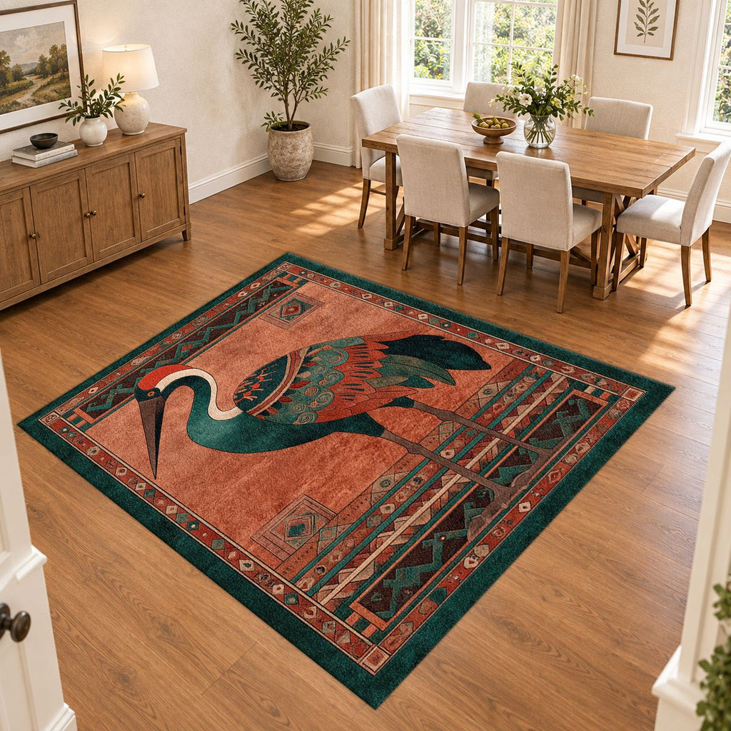 Rust Heron Bird Folk Art printed area rug