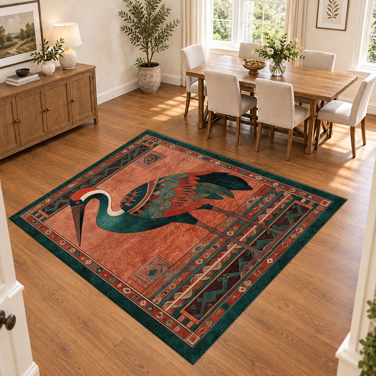 Rust Heron Bird Folk Art printed area rug