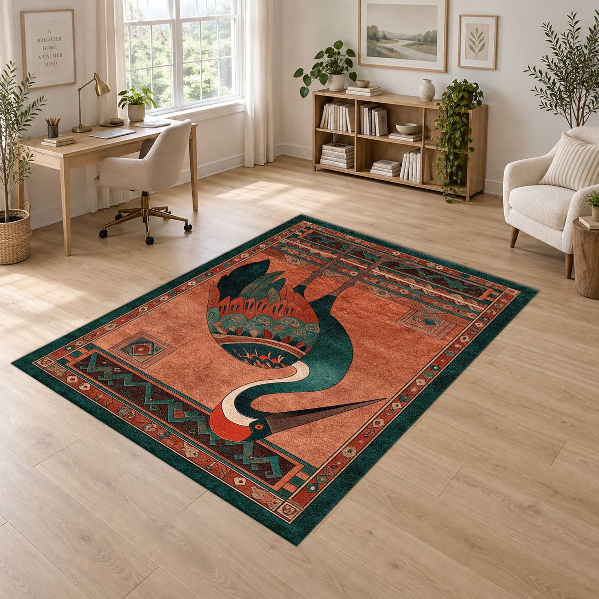 Rust Heron Bird Folk Art printed area rug
