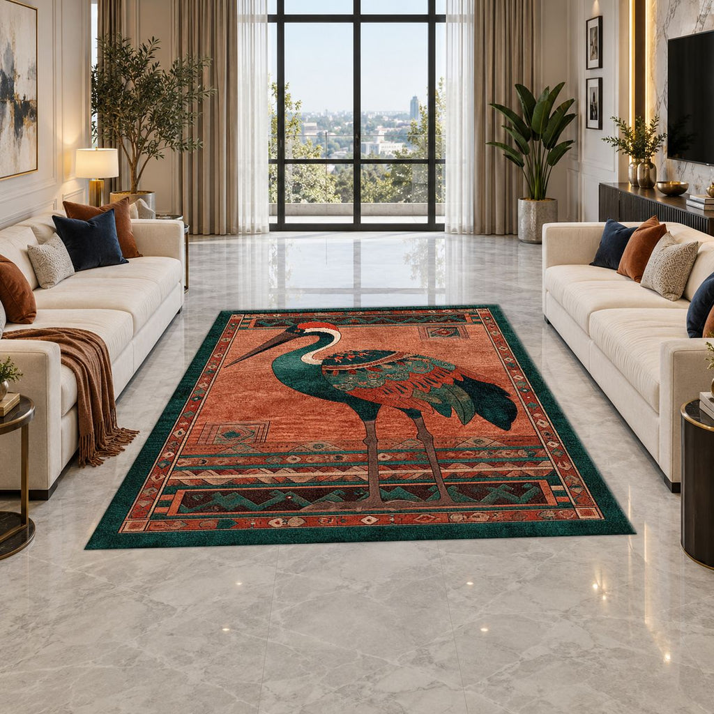 Rust Heron Bird Folk Art printed area rug