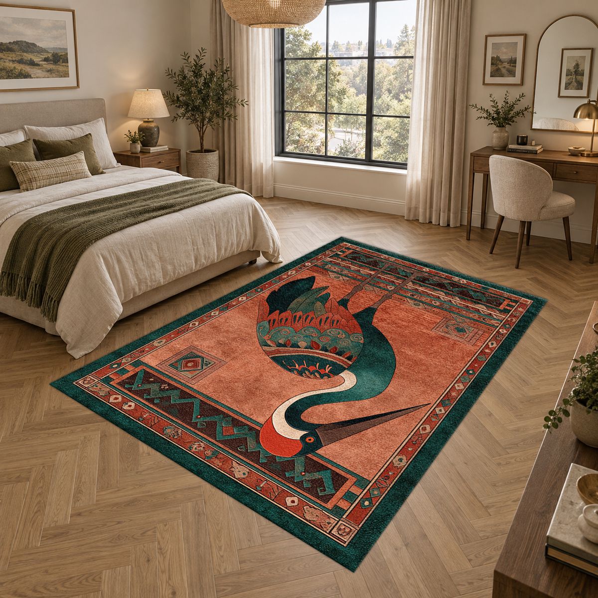 Rust Heron Bird Folk Art printed area rug