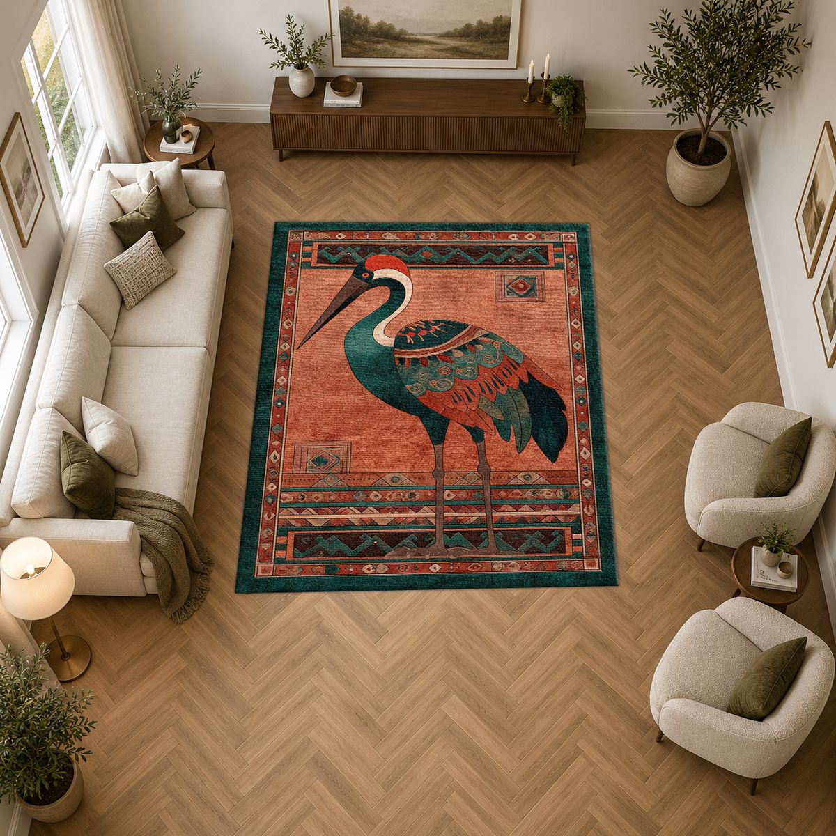 Rust Heron Bird Folk Art printed area rug