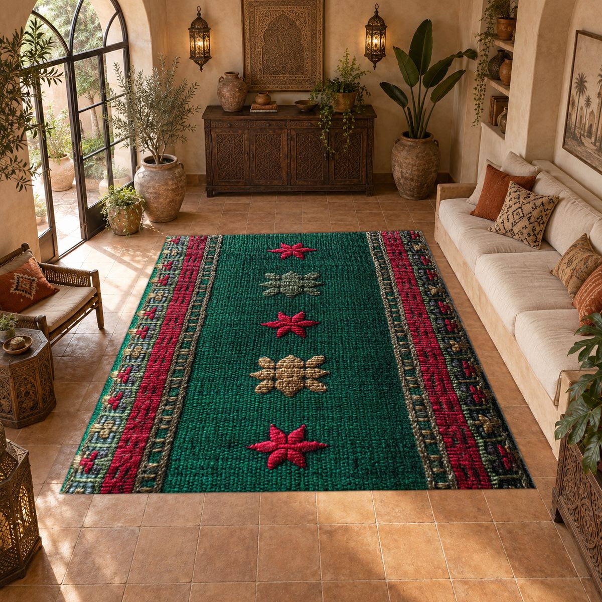 Green and Red Floral Embroidered Runner printed area rug