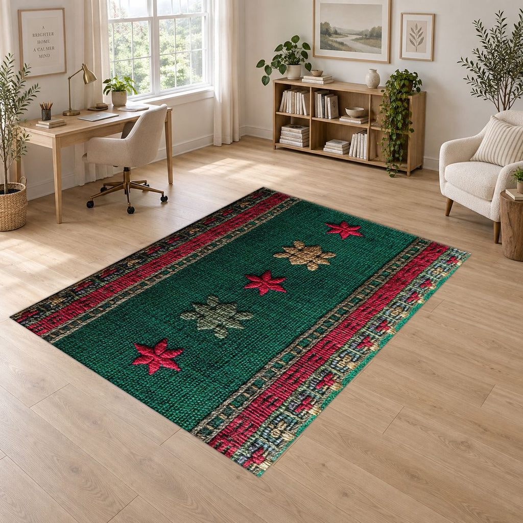 Green and Red Floral Embroidered Runner printed area rug