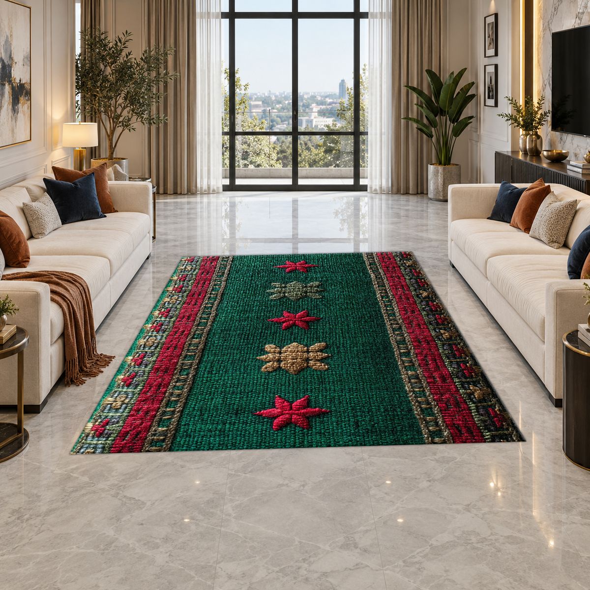 Green and Red Floral Embroidered Runner printed area rug