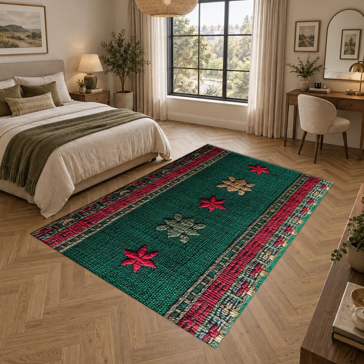Green and Red Floral Embroidered Runner printed area rug