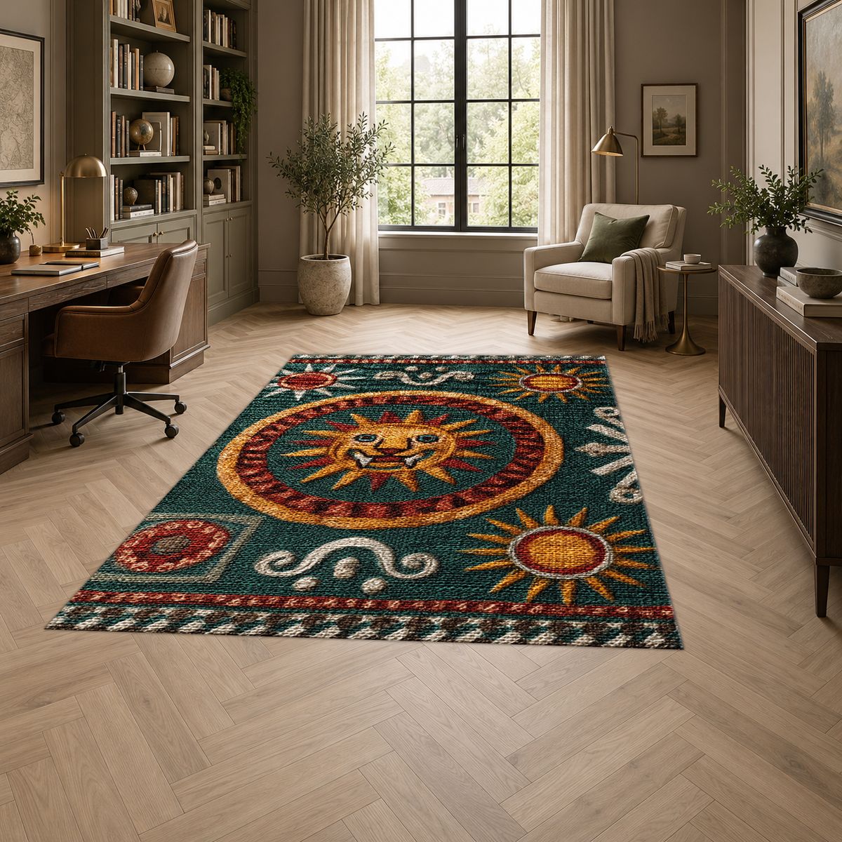 Green and Gold Celestial Sun printed area rug