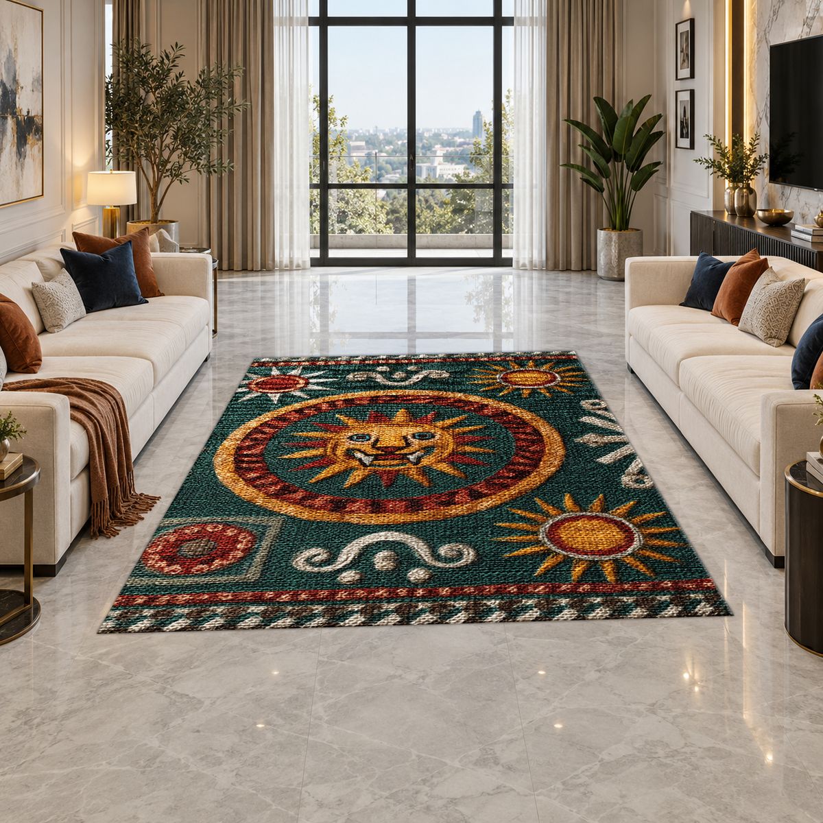 Green and Gold Celestial Sun printed area rug