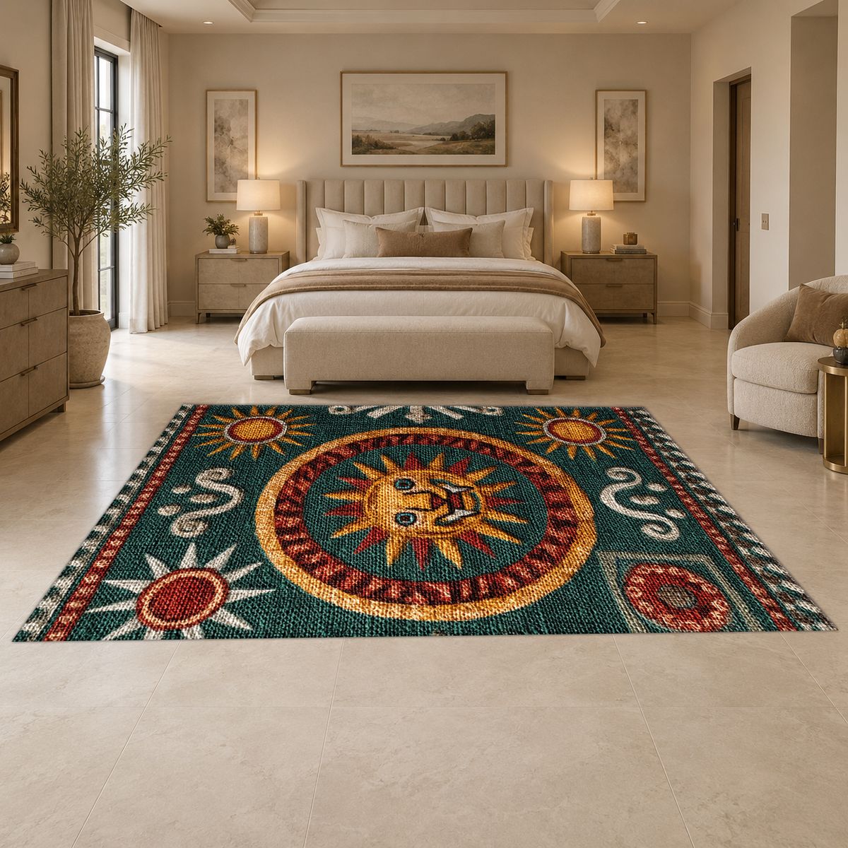 Green and Gold Celestial Sun printed area rug