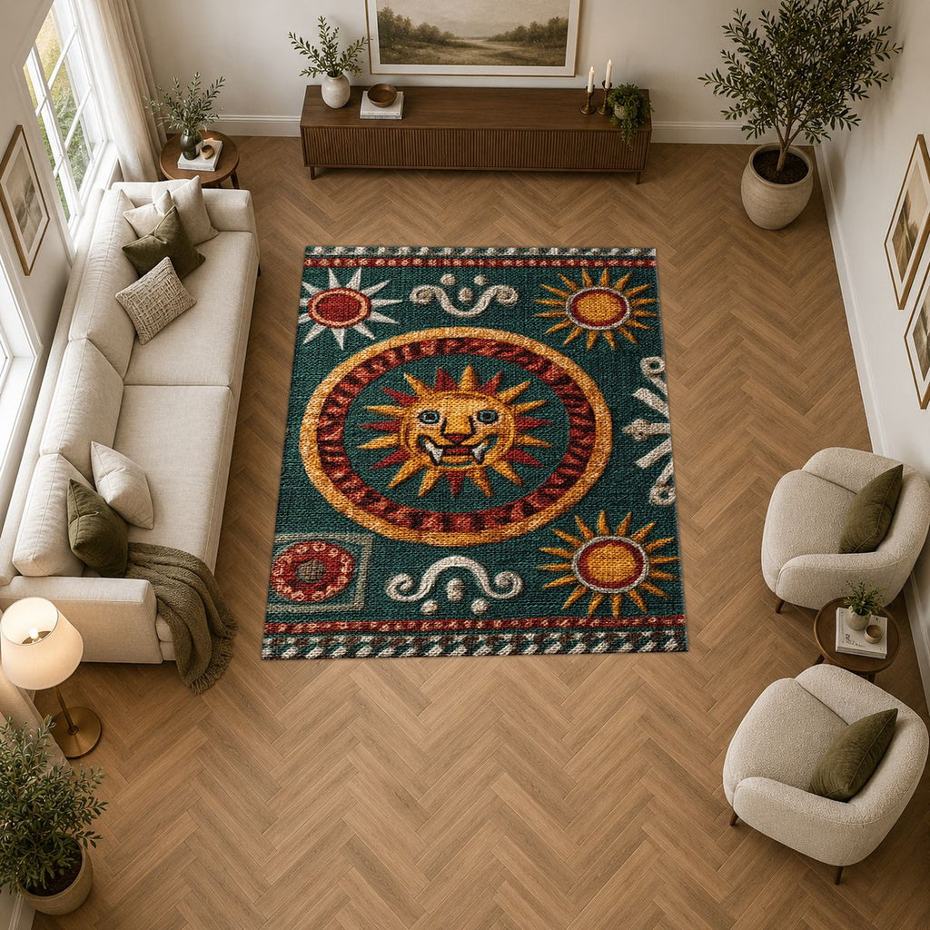 Green and Gold Celestial Sun printed area rug