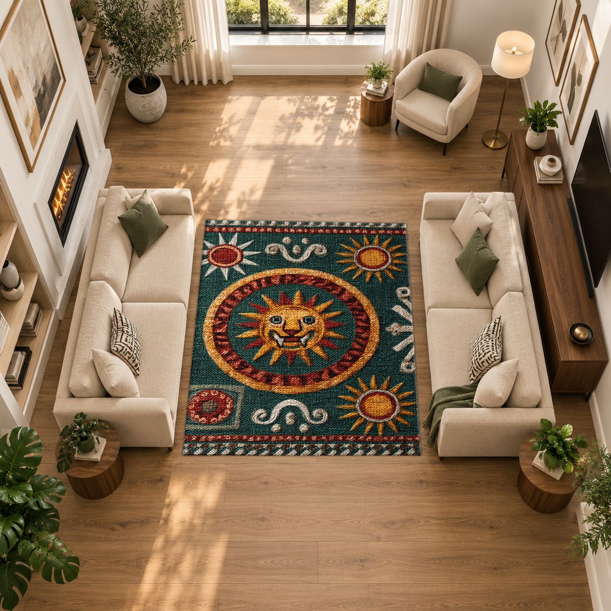 Green and Gold Celestial Sun printed area rug