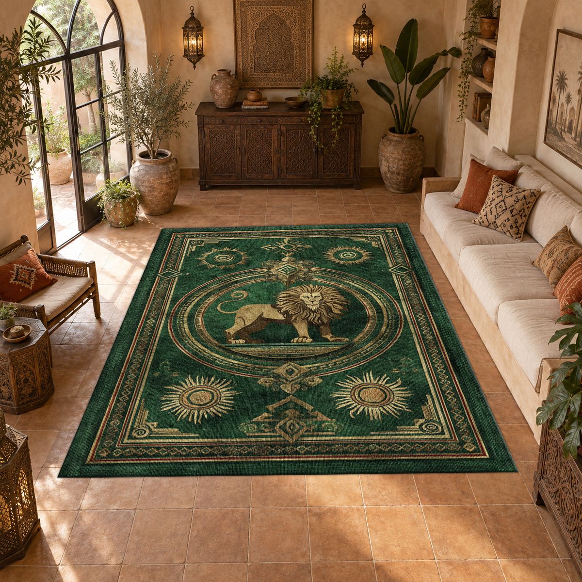 Emerald Lion Crest Medallion printed area rug